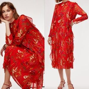 Little Moon Aritzia Red Floral Orchid Midi Dress Ruffle Pleated Size Small